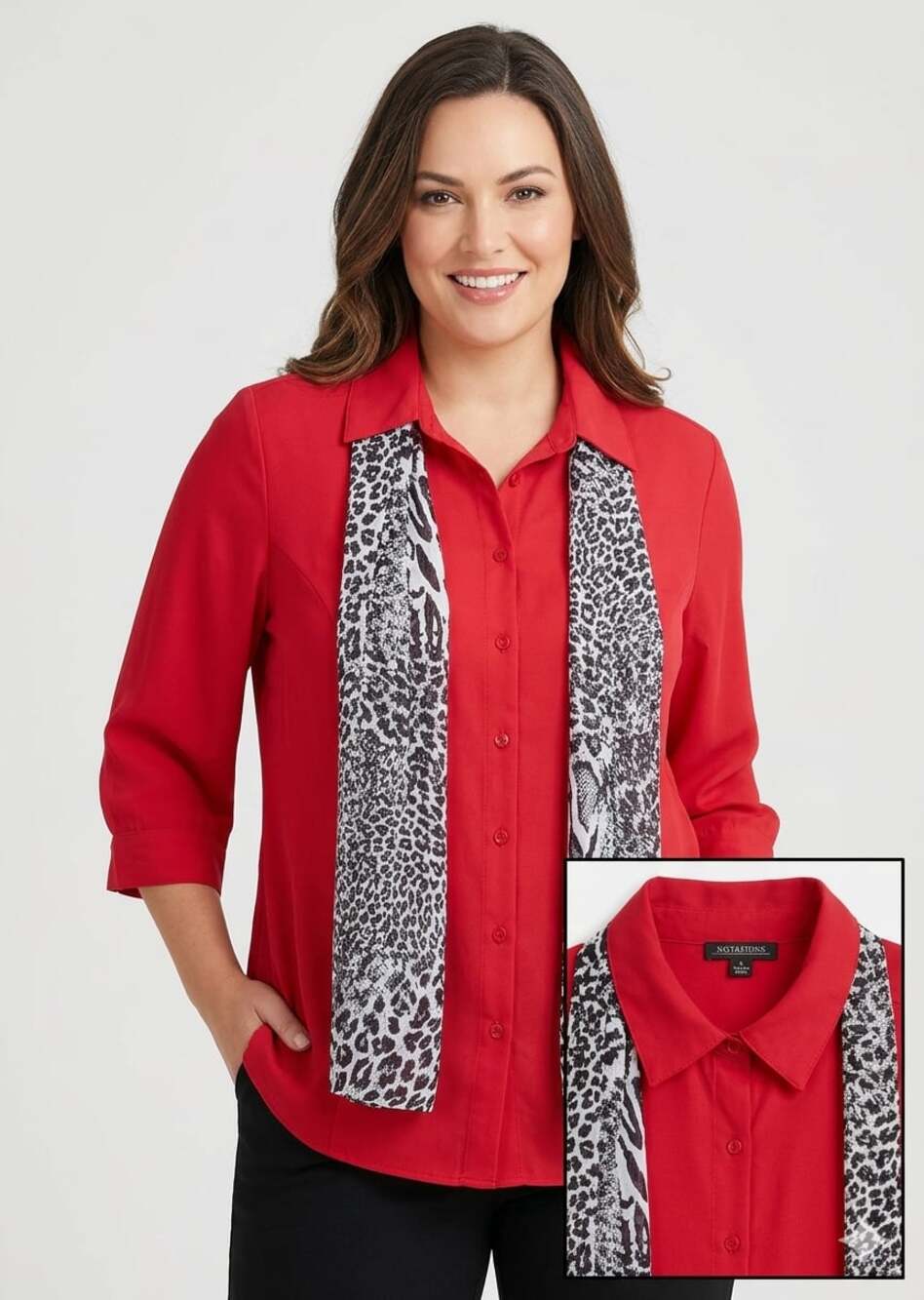 Notations Red Button Front‎ Blouse with Animal Print Scarf Attached Size L